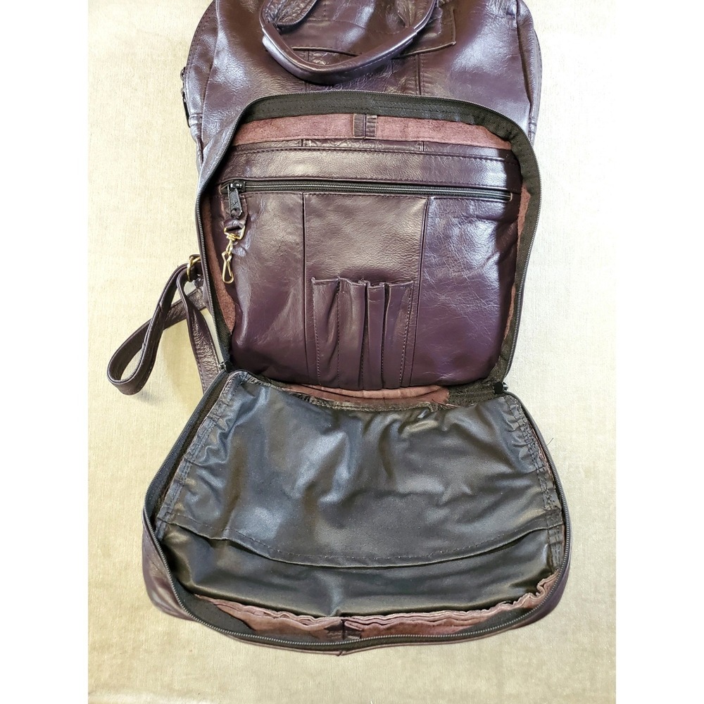 Vintage Plum Purple Soft Leather Backpack Multi Pocket Talon Zipper Bag - Picture 5 of 9